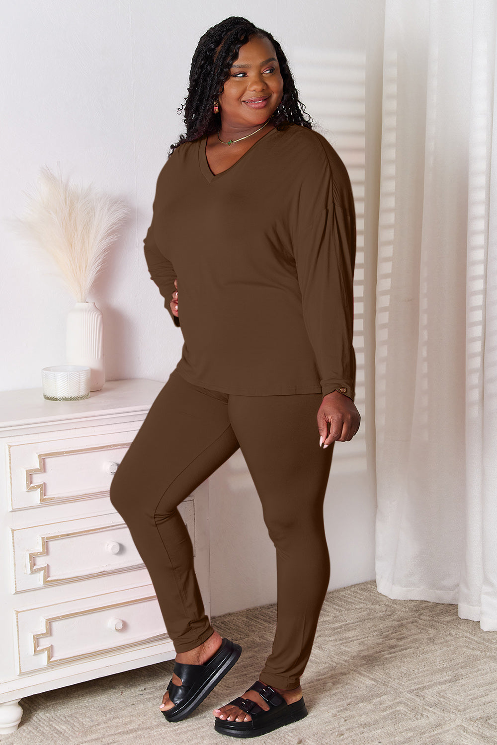 Basic Bae Full Size V-Neck Soft Rayon Long Sleeve Top and Pants Lounge Set - House of Binx