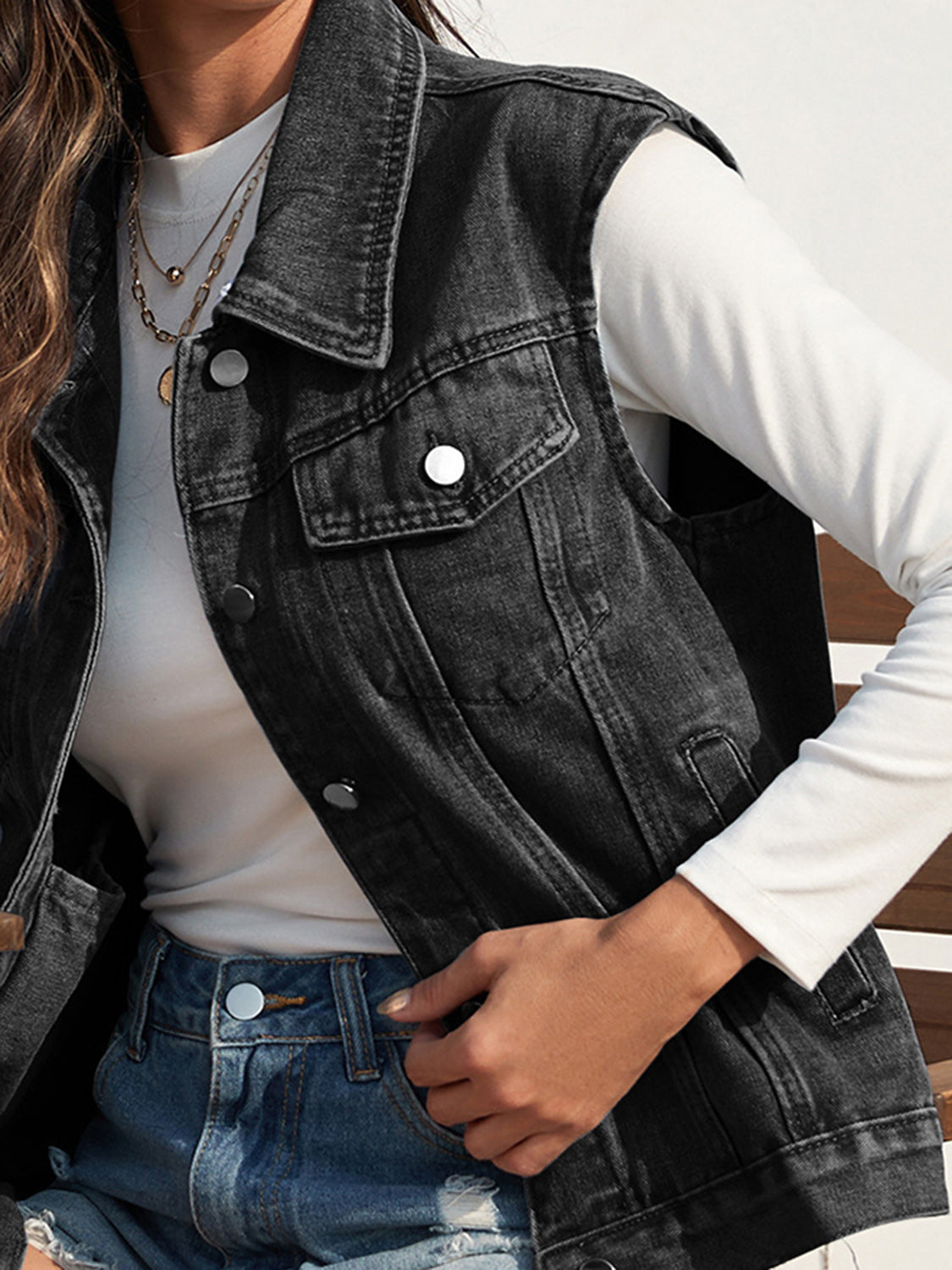 Collared Neck Sleeveless Denim Jacket - House of Binx