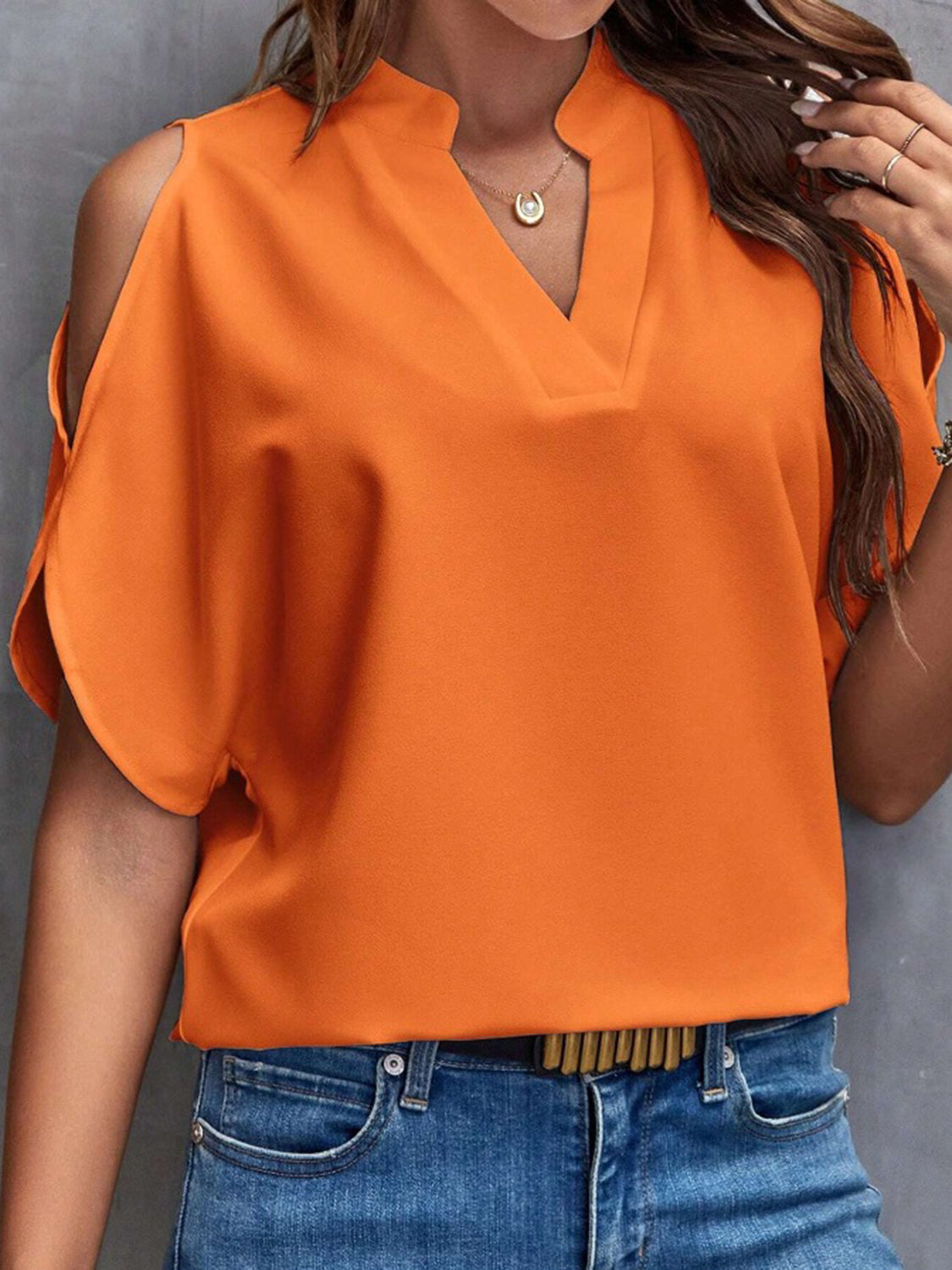 Notched Cold Shoulder Half Sleeve Blouse - House of Binx