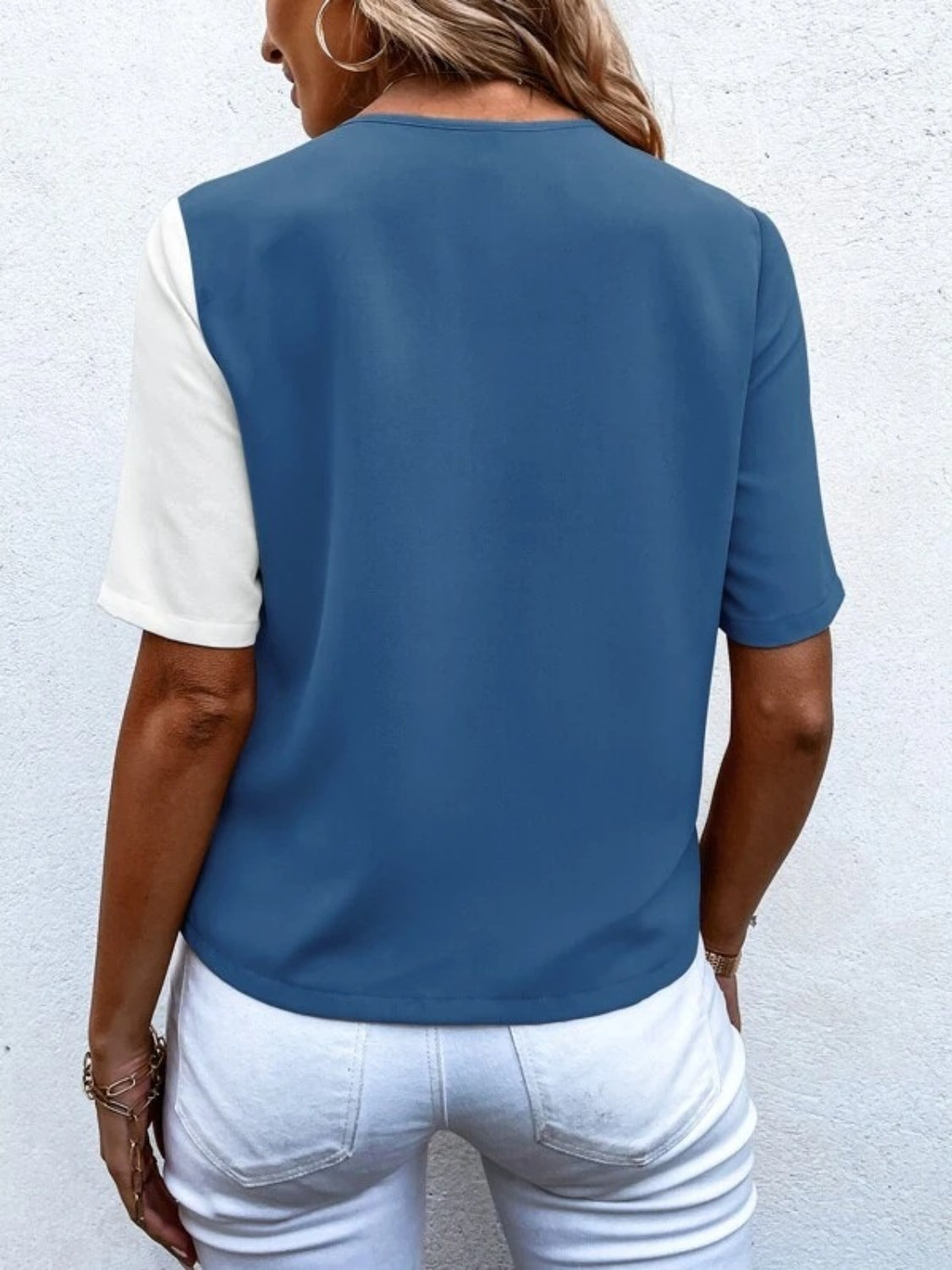 Decorative Button Surplice Short Sleeve Blouse - House of Binx