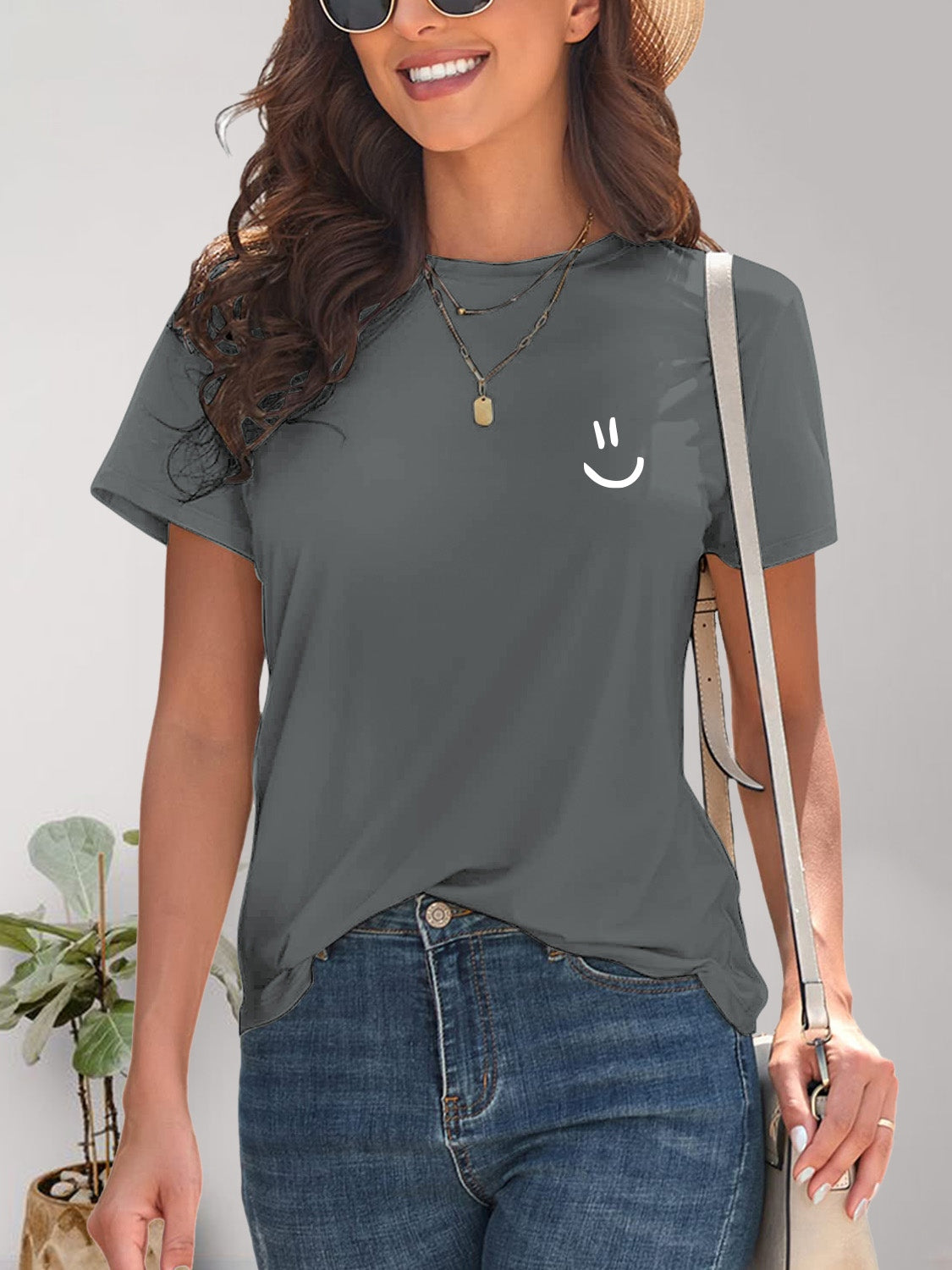 Smile Graphic Round Neck Short Sleeve T-Shirt - House of Binx