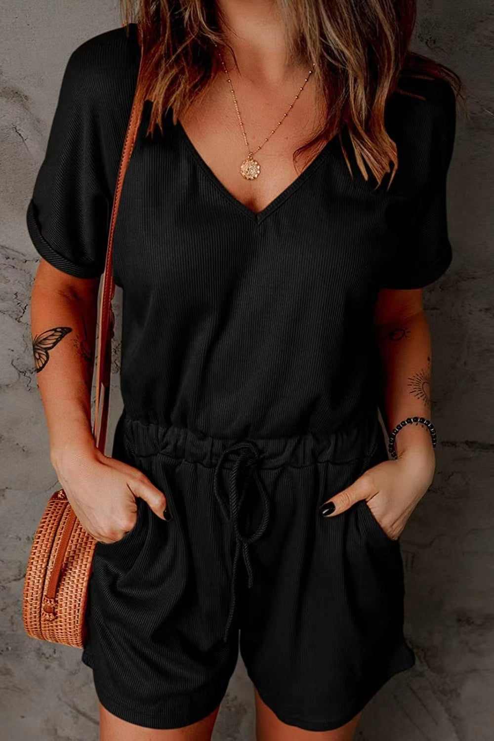 Full Size Drawstring V-Neck Short Sleeve Romper - House of Binx