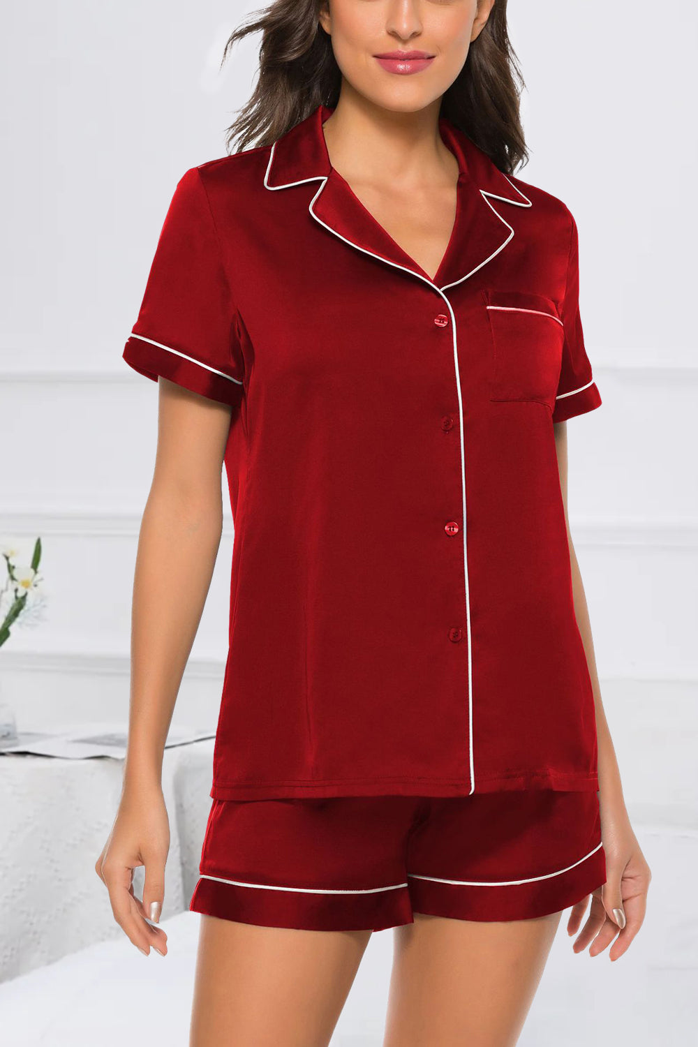 Printed Button Up Short Sleeve Top and Shorts Lounge Set - House of Binx