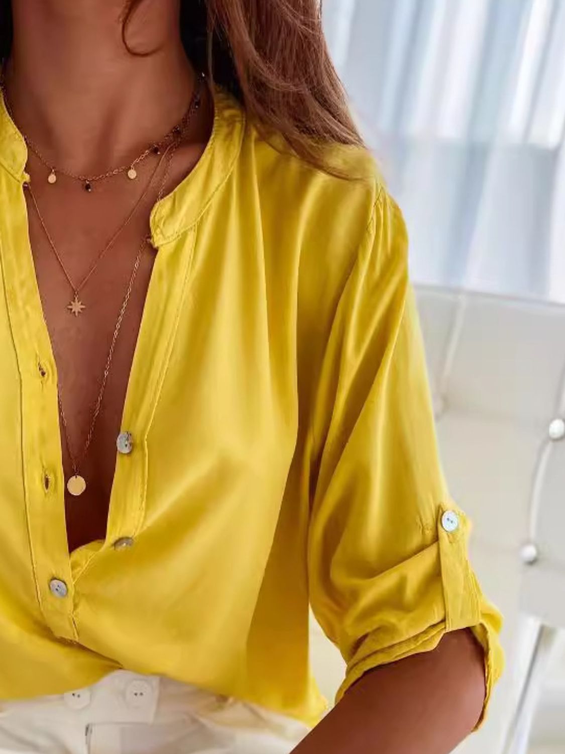 Half Button Notched Half Sleeve Blouse - House of Binx