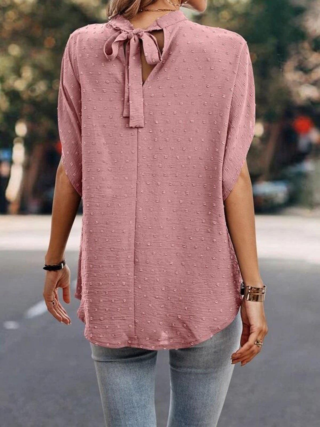 Swiss Dot Mock Neck Half Sleeve Blouse - House of Binx