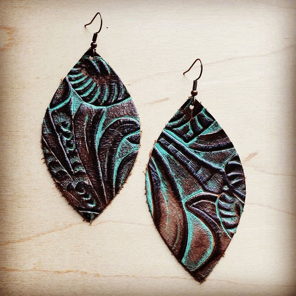 Leather Oval Earrings Turq Brown Floral - House of Binx