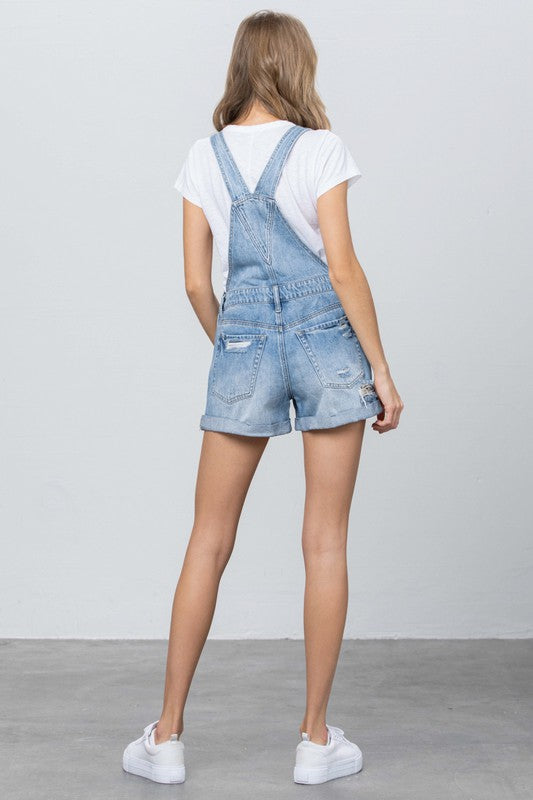 High Rise Roll Up Denim Overall Romper - House of Binx