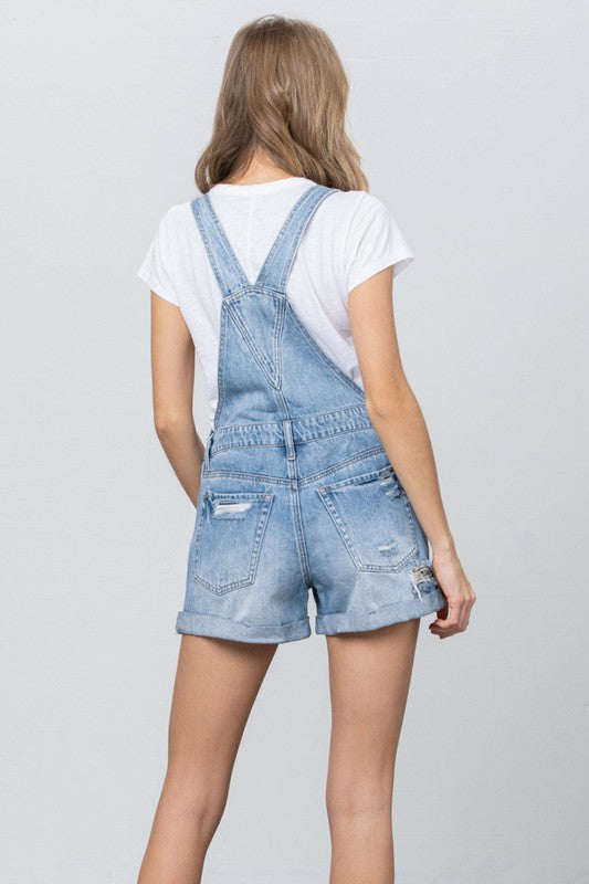 High Rise Roll Up Denim Overall Romper - House of Binx