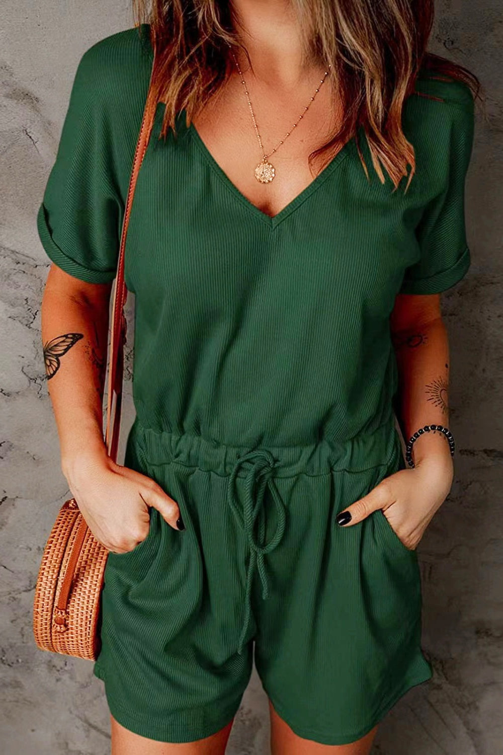 Full Size Drawstring V-Neck Short Sleeve Romper - House of Binx