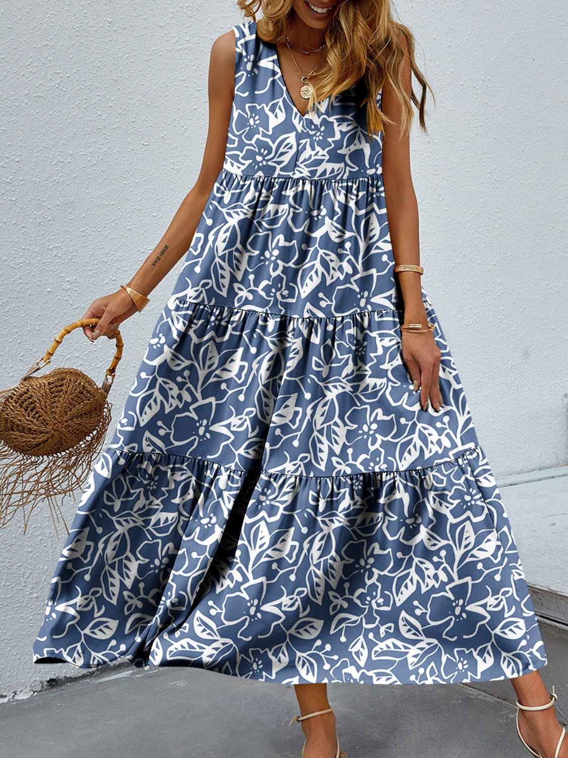Tiered Printed V-Neck Sleeveless Dress - House of Binx