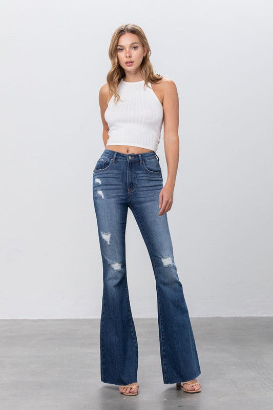 MID RISE DARK WASH FLARE JEANS - House of Binx