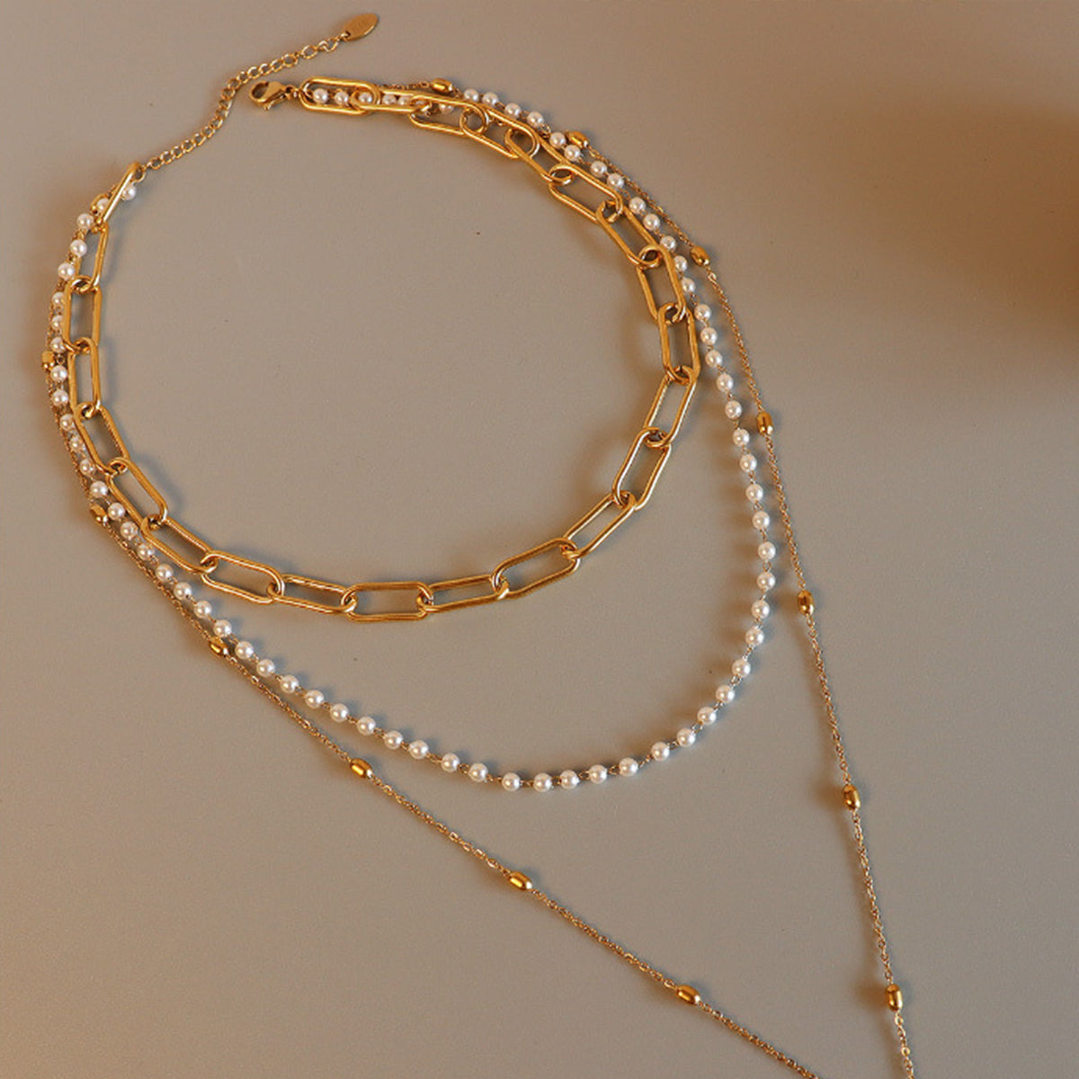 Synthetic Pearl Titanium Steel Three-Layered Necklace - House of Binx