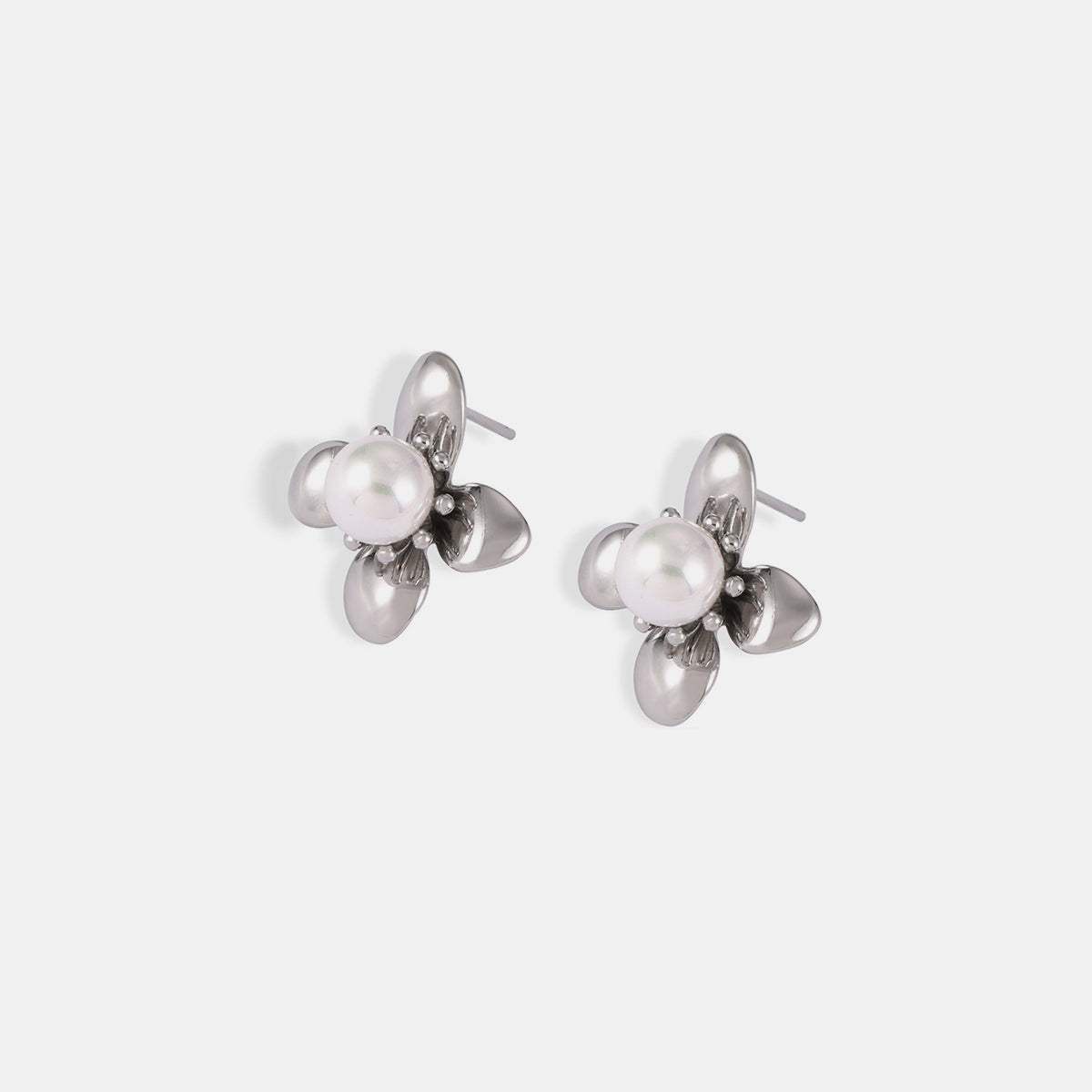 Synthetic Pearl Titanium Steel Flower Earrings - House of Binx