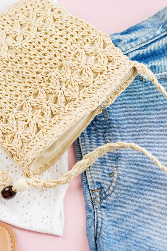 Woven Straw Tassel Accent Crossbody Bag - House of Binx