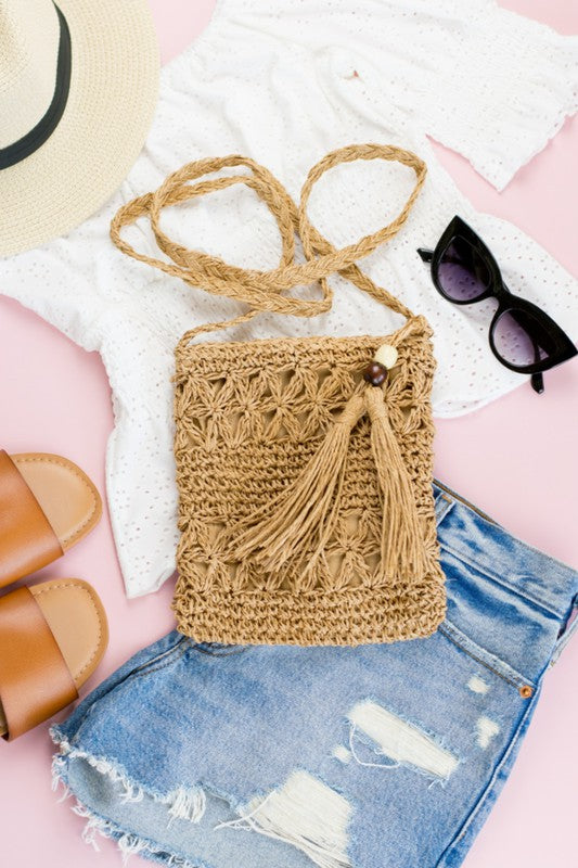 Woven Straw Tassel Accent Crossbody Bag - House of Binx