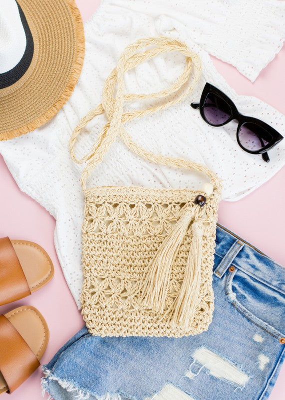 Woven Straw Tassel Accent Crossbody Bag - House of Binx