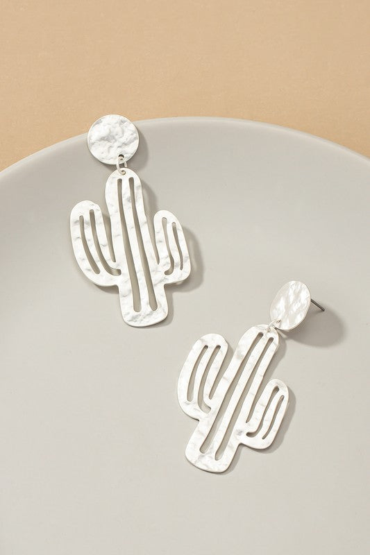 Hammered thin metal openwork cactus drop earrings - House of Binx