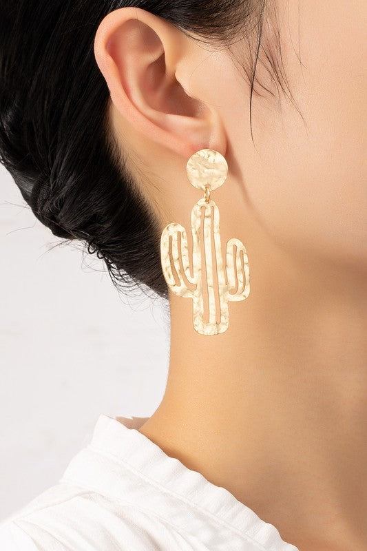 Hammered thin metal openwork cactus drop earrings - House of Binx