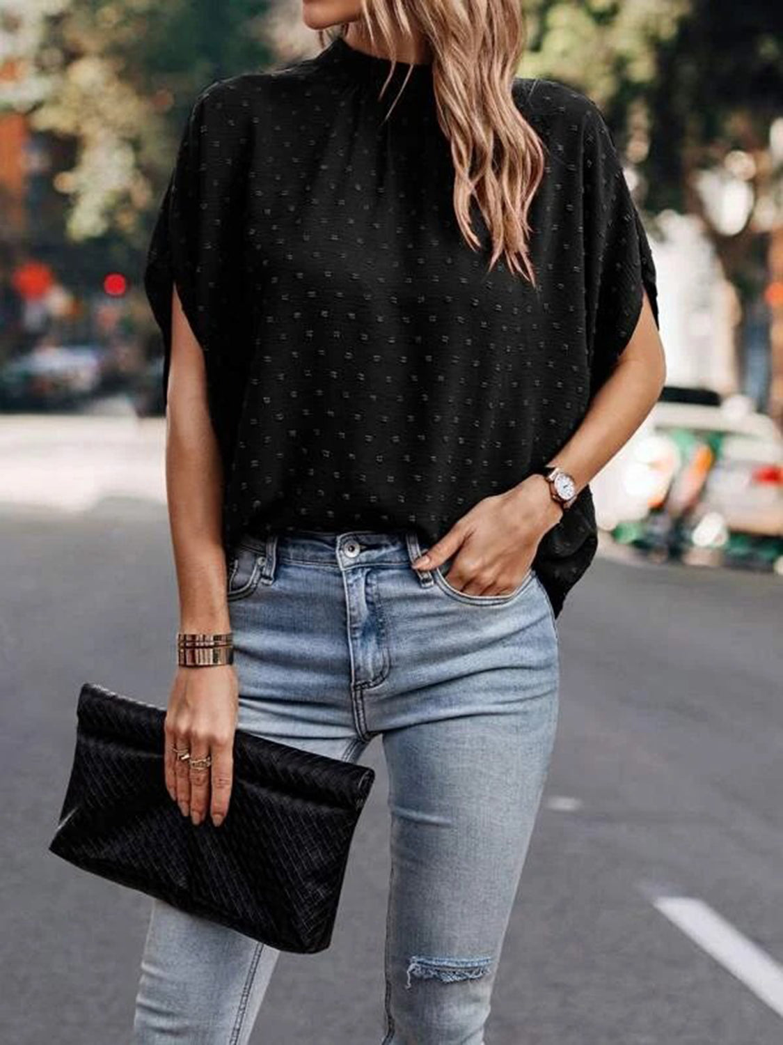 Swiss Dot Mock Neck Half Sleeve Blouse - House of Binx