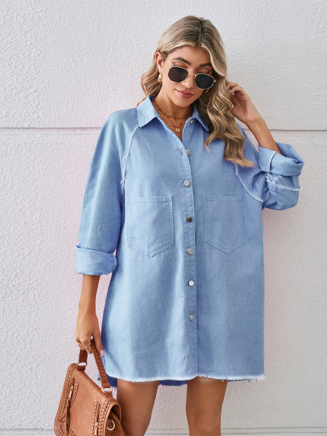 Raw Hem Button Up Denim Dress - House of Binx