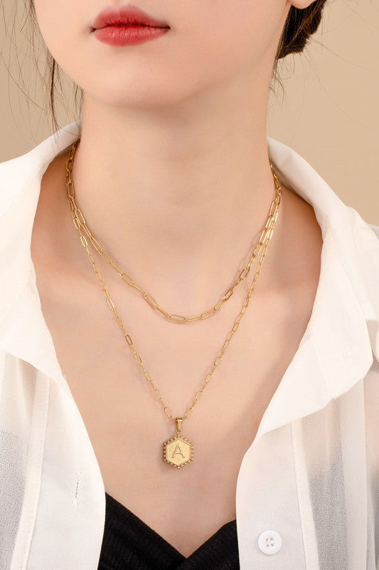 2 row brass double sided hexagon initial necklace - House of Binx