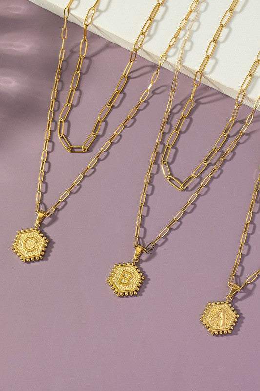 2 row brass double sided hexagon initial necklace - House of Binx