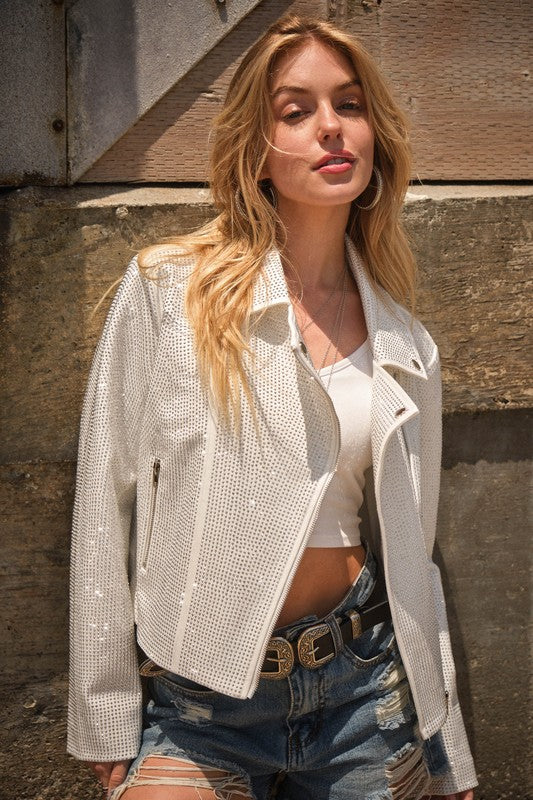 Crystal Studded Stretch Zip Up Moto Jacket - House of Binx