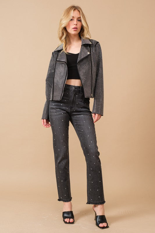Crystal Studded Stretch Zip Up Moto Jacket - House of Binx