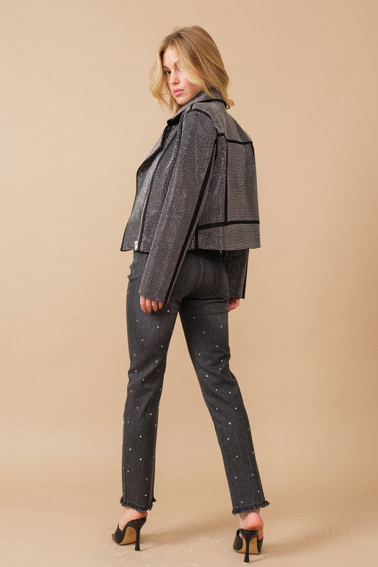 Crystal Studded Stretch Zip Up Moto Jacket - House of Binx