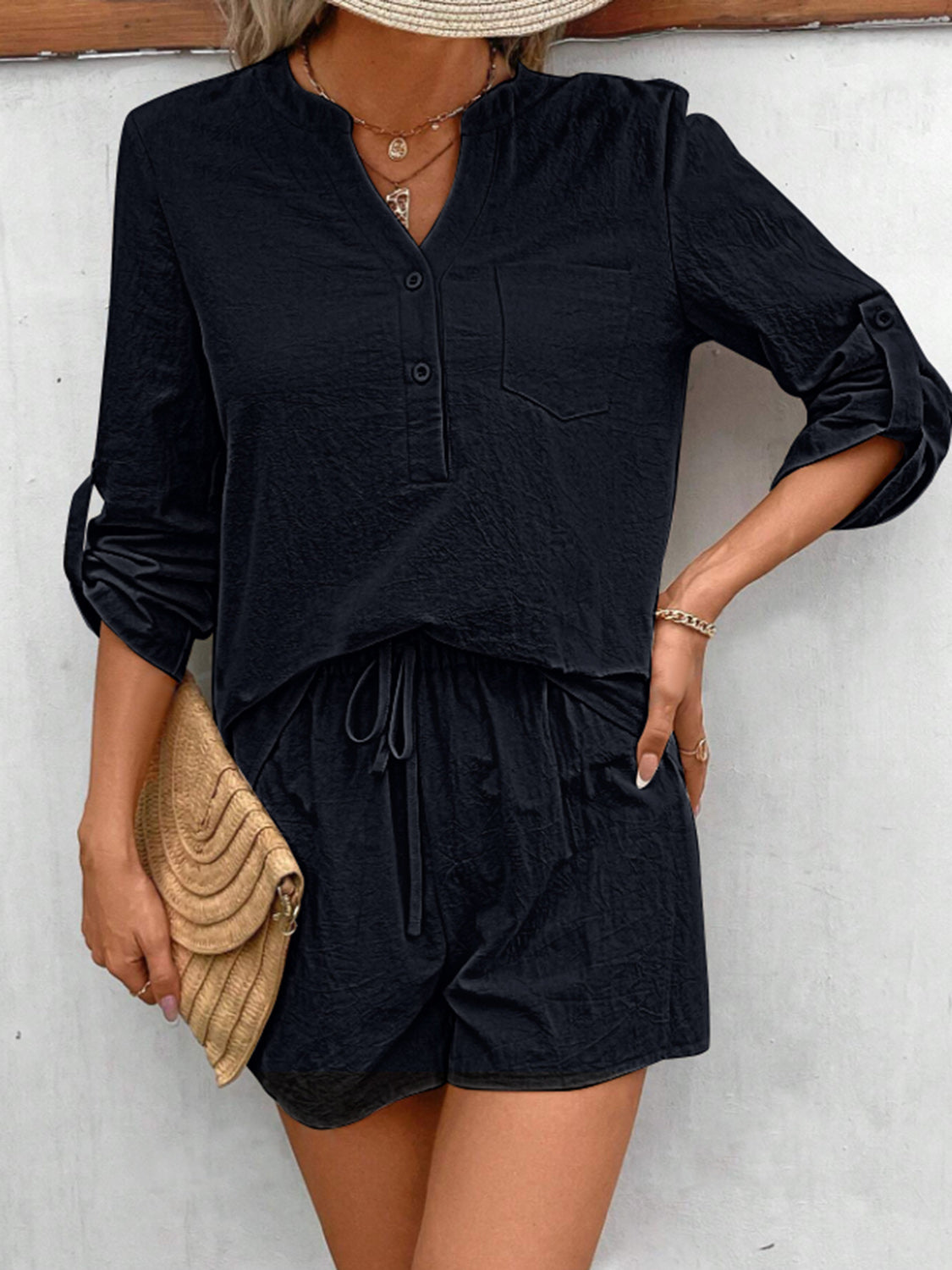 Notched Long Sleeve Top and Shorts Set - House of Binx
