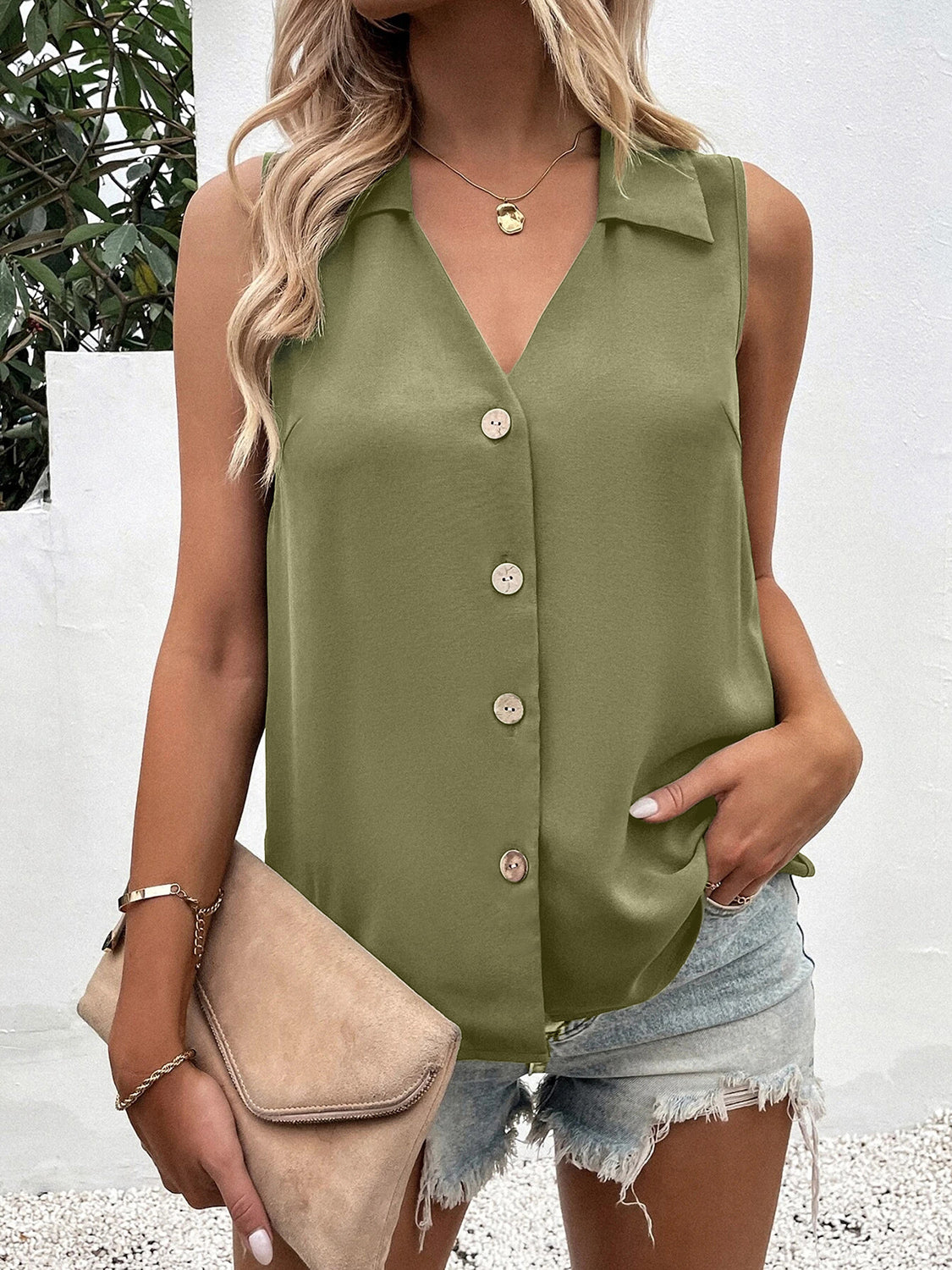 Full Size Johnny Collar Button Up Tank - House of Binx