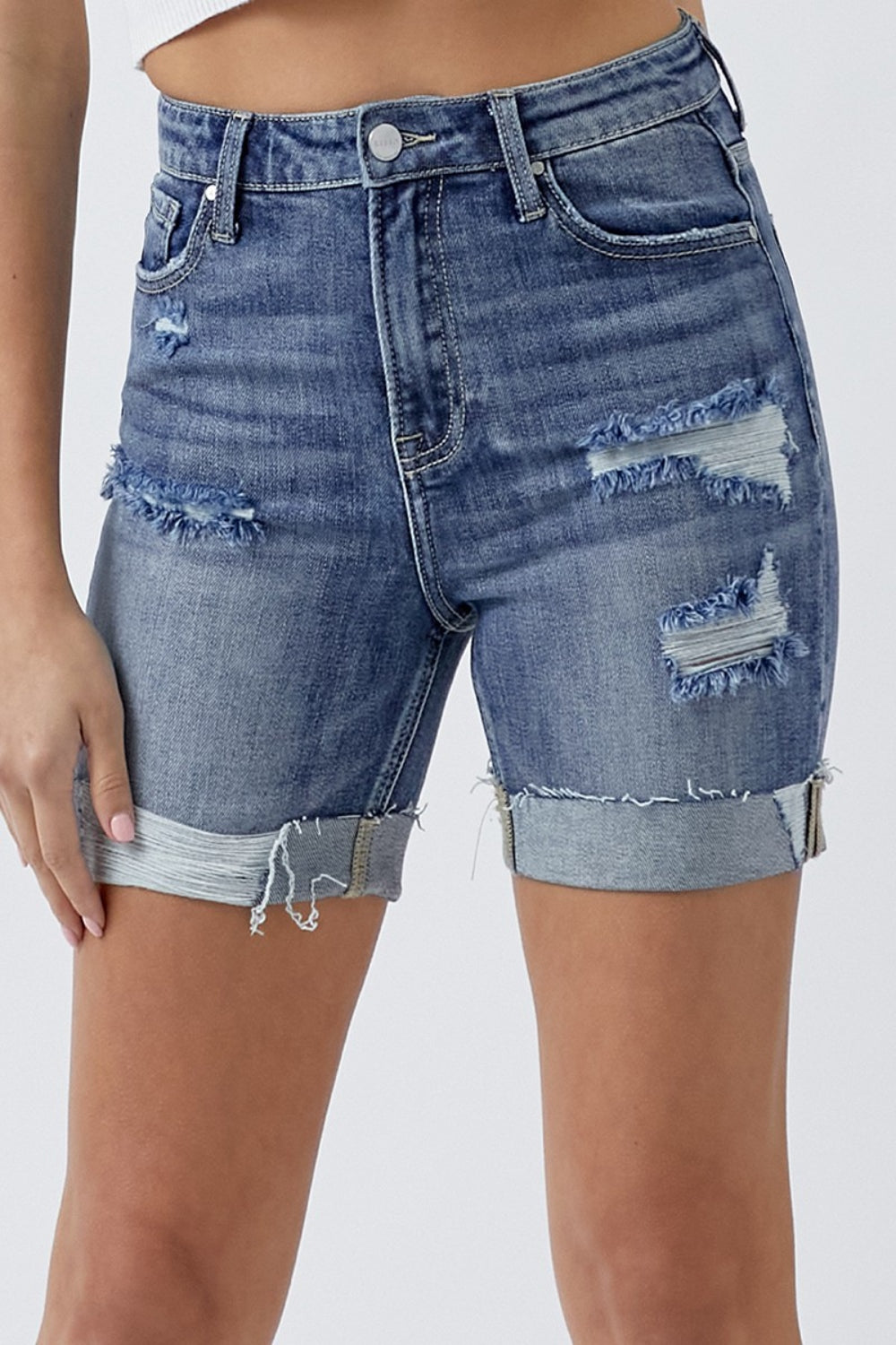 RISEN Full Size Distressed Rolled Denim Shorts with Pockets - House of Binx