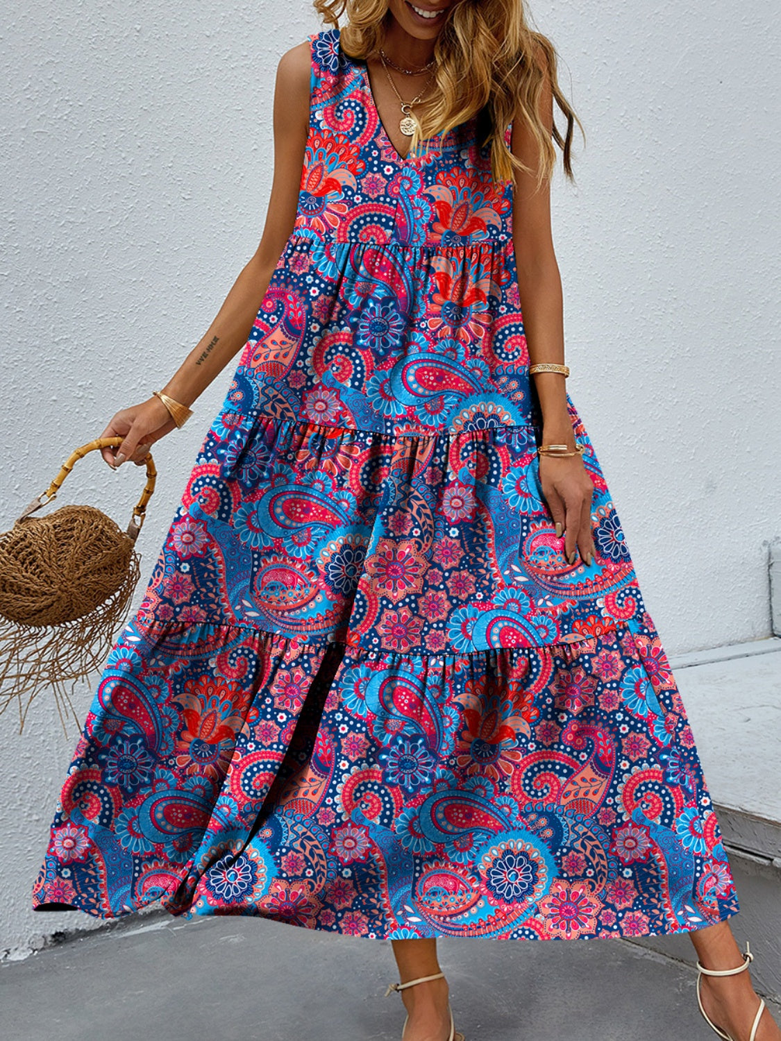 Tiered Printed V-Neck Sleeveless Dress - House of Binx