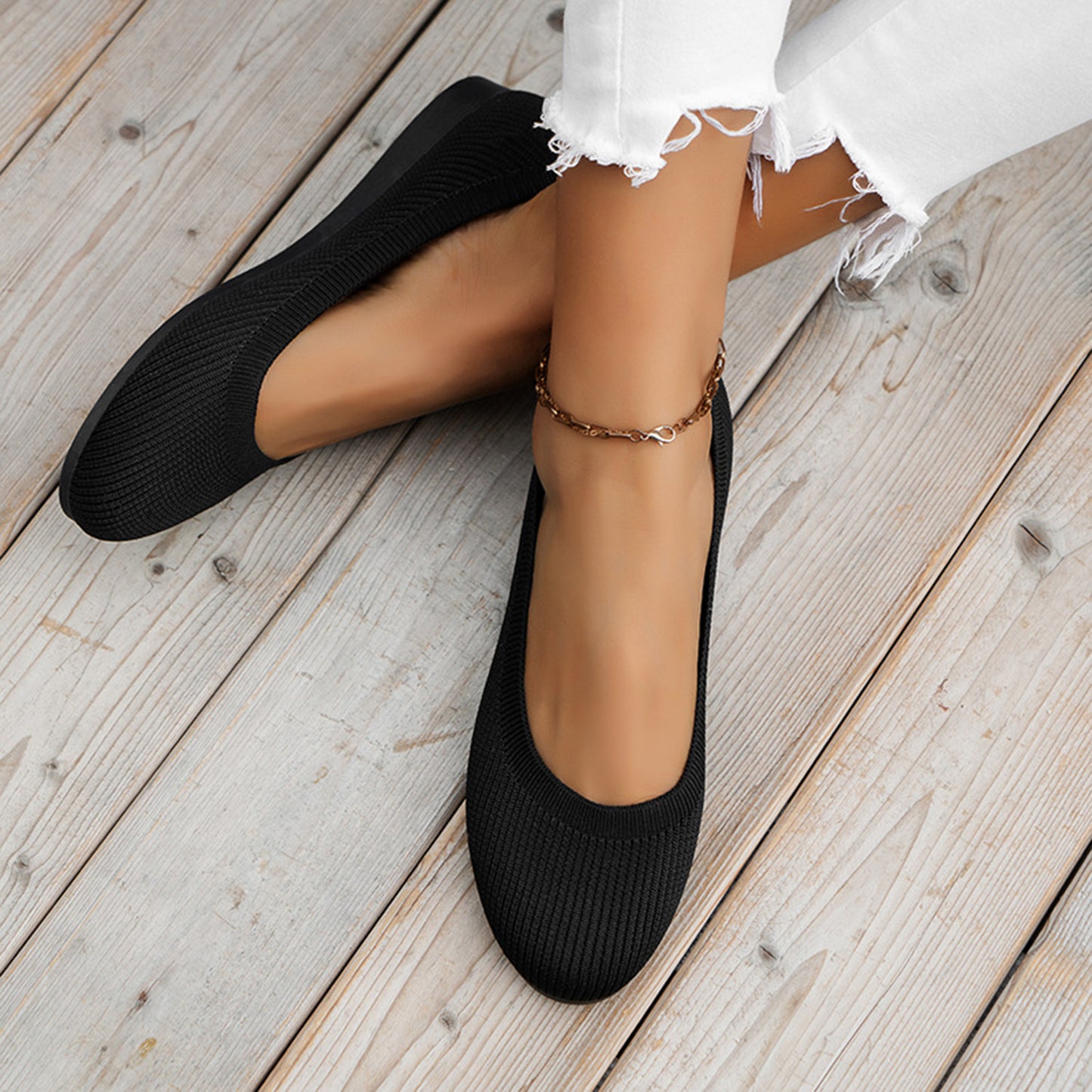 Round Toe Knit Ballet Flats - House of Binx