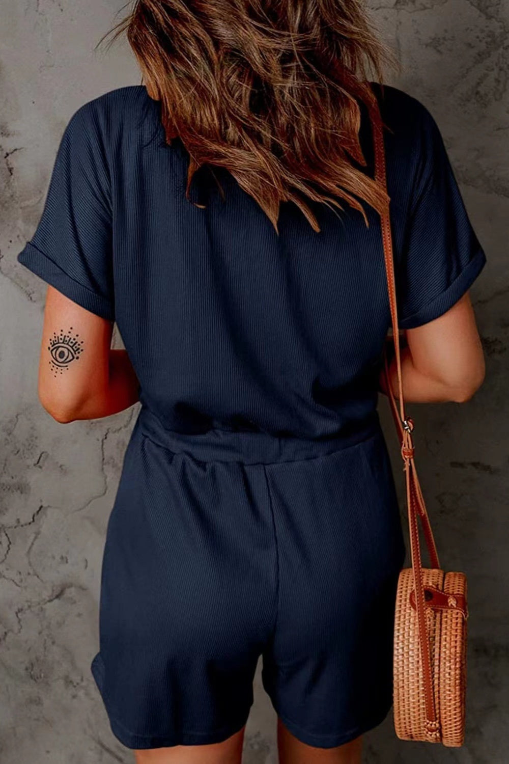 Full Size Drawstring V-Neck Short Sleeve Romper - House of Binx