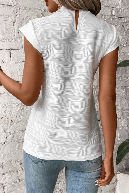 Wavy Textured Mock Neck Cap Sleeve Top - House of Binx