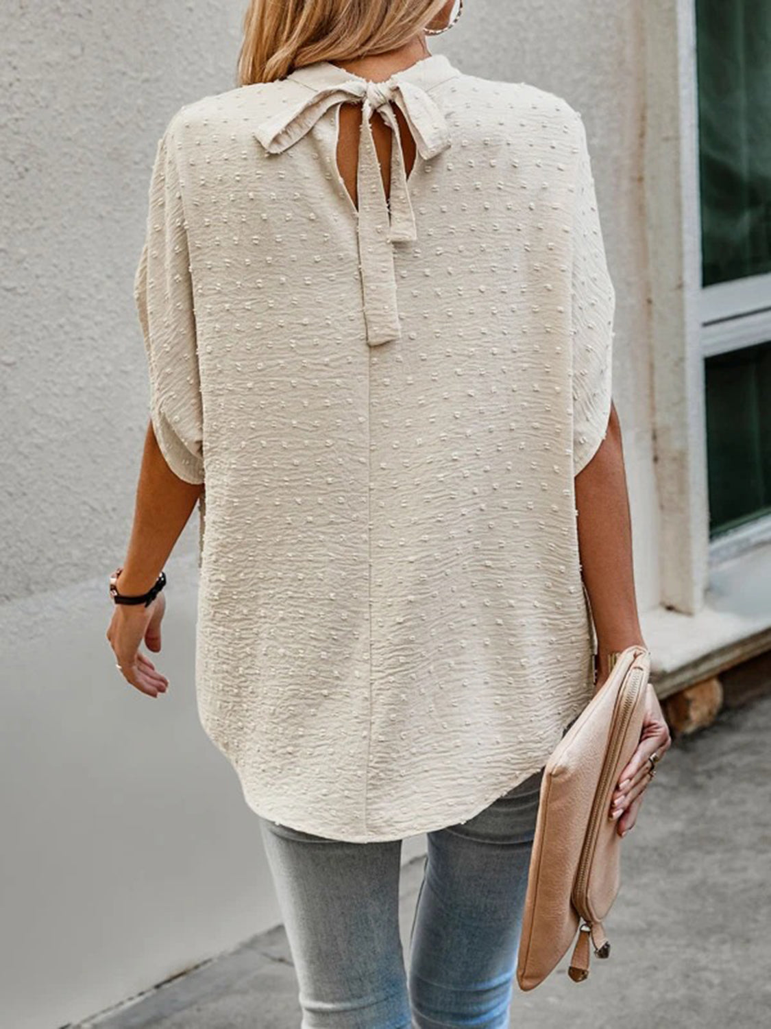 Swiss Dot Mock Neck Half Sleeve Blouse - House of Binx