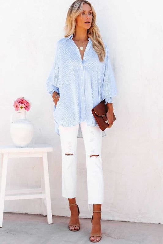 Stripe Smocked shirred oversized shirt blouse - House of Binx