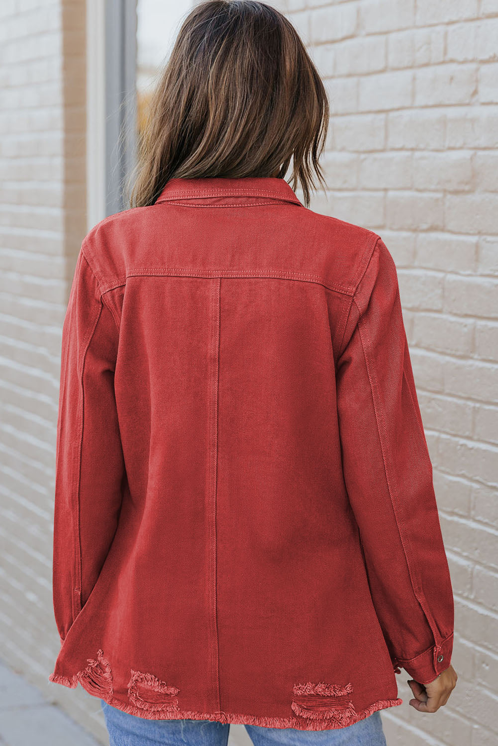 Distressed Raw Hem Snap Down Denim Jacket - House of Binx