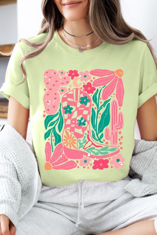 Boho Cowgirl Boot Floral Graphic T Shirts - House of Binx