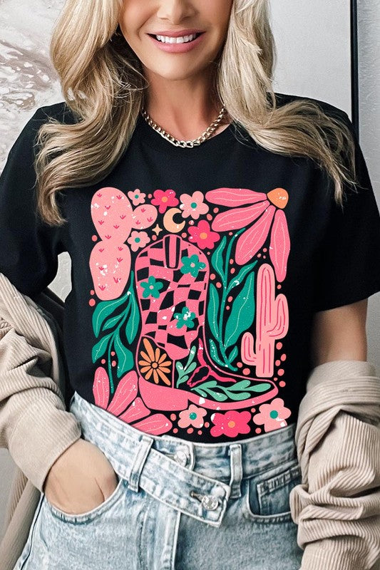 Boho Cowgirl Boot Floral Graphic T Shirts - House of Binx