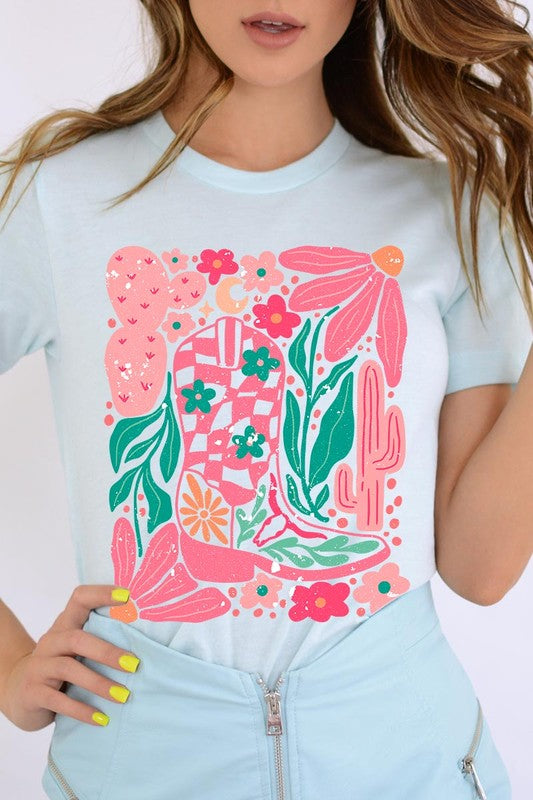 Boho Cowgirl Boot Floral Graphic T Shirts - House of Binx