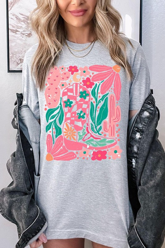 Boho Cowgirl Boot Floral Graphic T Shirts - House of Binx