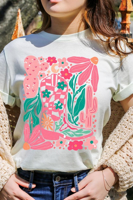 Boho Cowgirl Boot Floral Graphic T Shirts - House of Binx