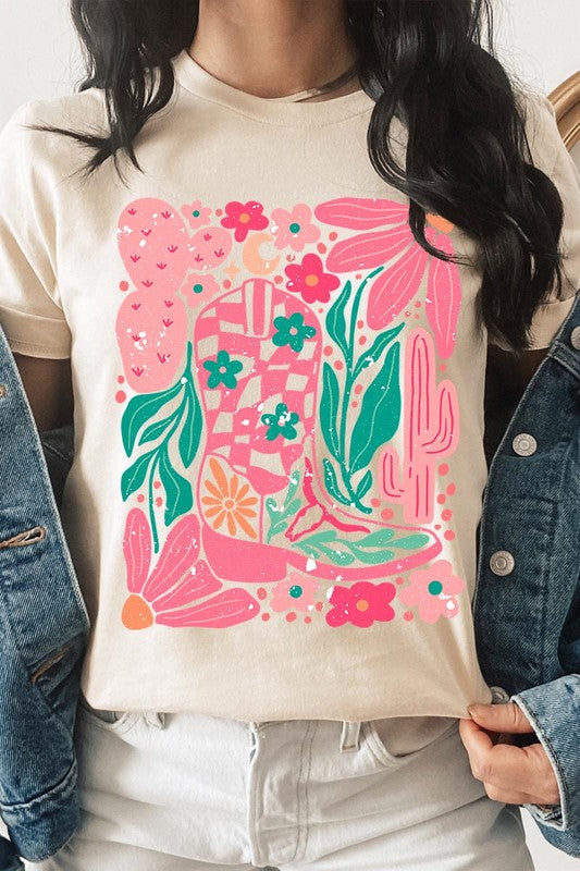 Boho Cowgirl Boot Floral Graphic T Shirts - House of Binx