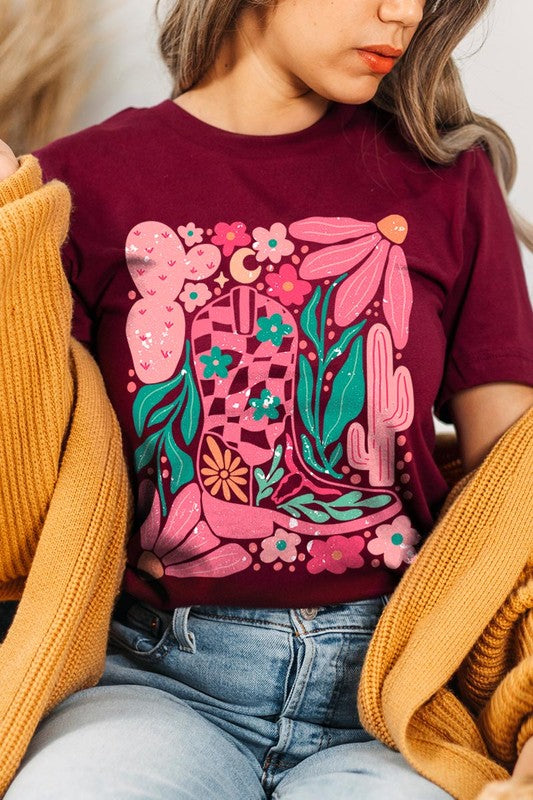 Boho Cowgirl Boot Floral Graphic T Shirts - House of Binx