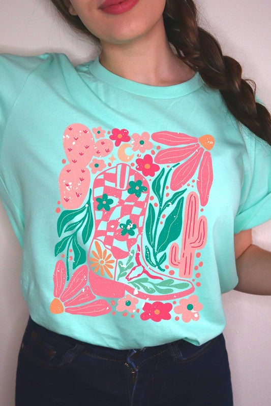 Boho Cowgirl Boot Floral Graphic T Shirts - House of Binx