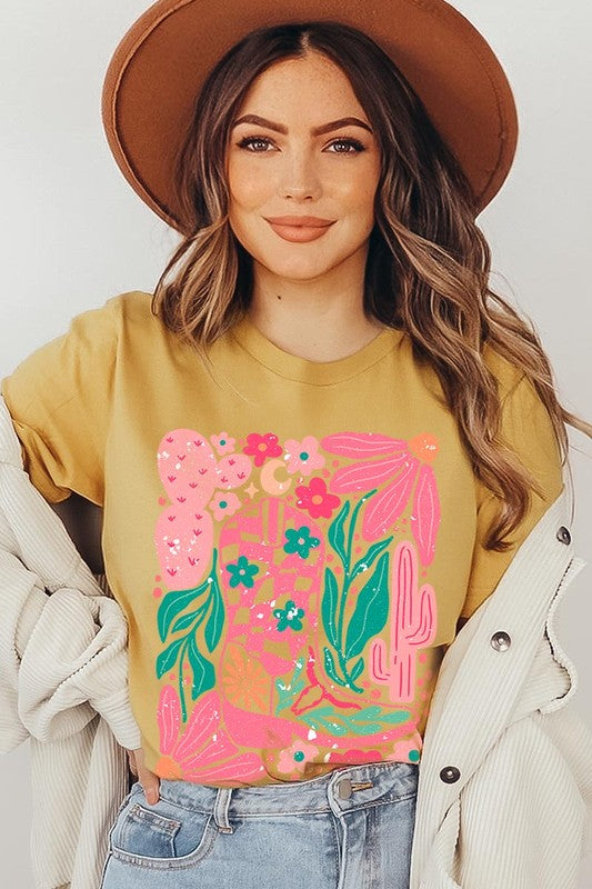 Boho Cowgirl Boot Floral Graphic T Shirts - House of Binx