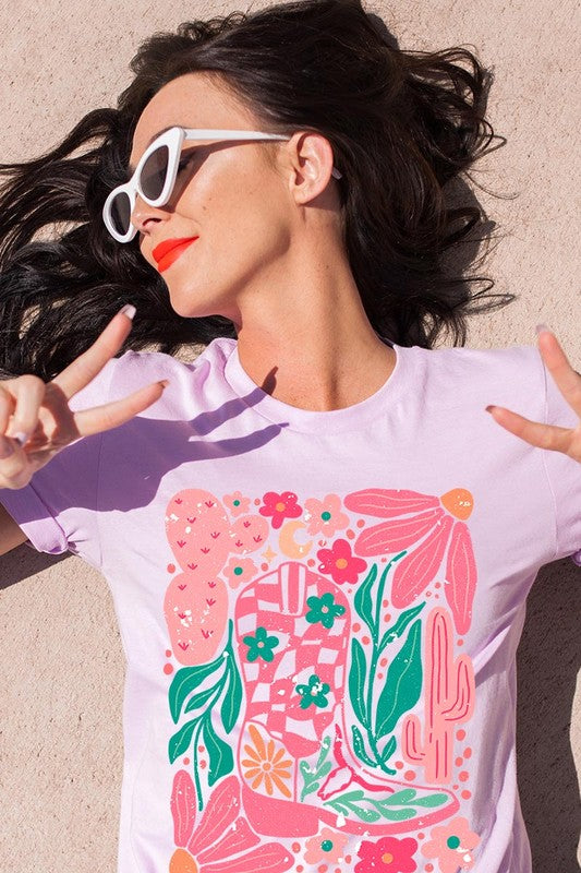 Boho Cowgirl Boot Floral Graphic T Shirts - House of Binx