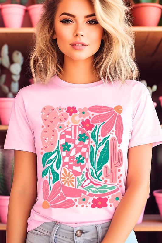 Boho Cowgirl Boot Floral Graphic T Shirts - House of Binx